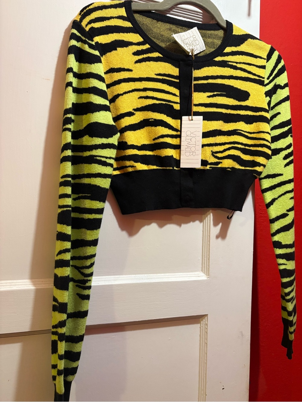 Victor Glemaud tiger stripe colorblock Cropped Cardigan in Yellow & Lime Sz xs